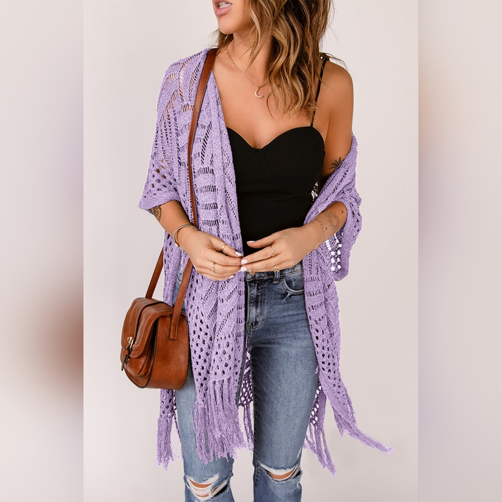 Openwork Open Front Cardigan with Fringes SALE 20%OFF !! - Picture 1 of 3